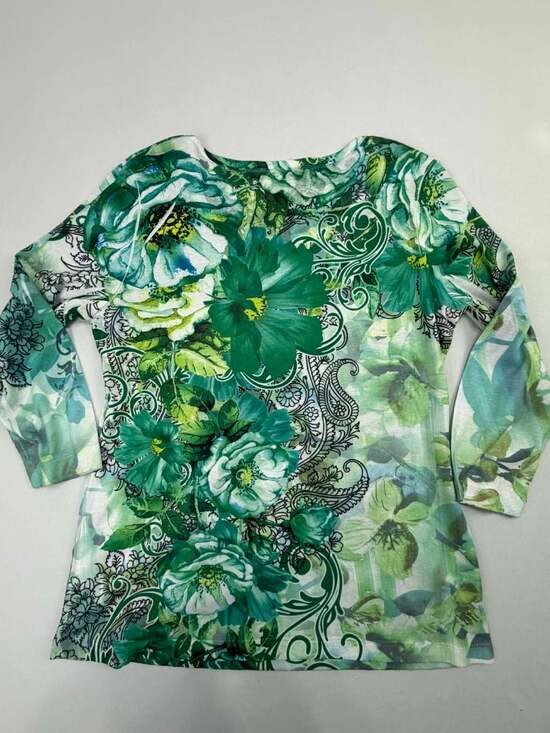 JM Collection Petite Green Floral Rhinestone Embellished 3/4 Sleeve Top - Picture 2 of 10